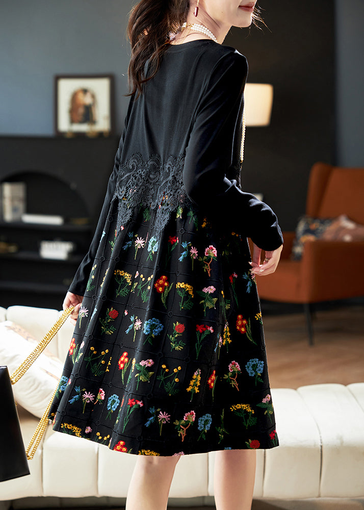 Fashion Black Embroidered Lace Patchwork Cotton Dress Spring