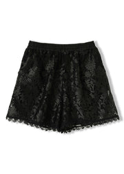 Fashion Black Embroidered Pockets Elastic Waist Lace Shorts Summer