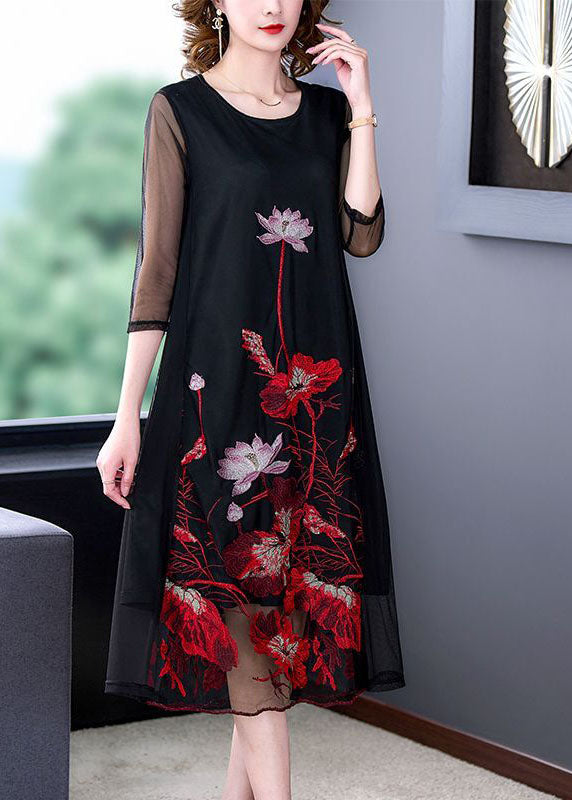 Fashion Black Embroideried Hollow Out Tulle Robe Dresses Bracelet Sleeve