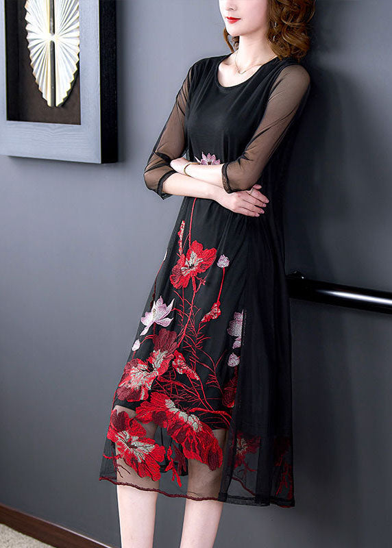 Fashion Black Embroideried Hollow Out Tulle Robe Dresses Bracelet Sleeve