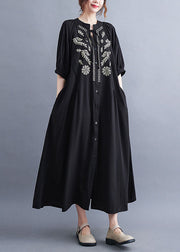 Fashion Black Embroideried Lace Up Cotton Maxi Dress Summer