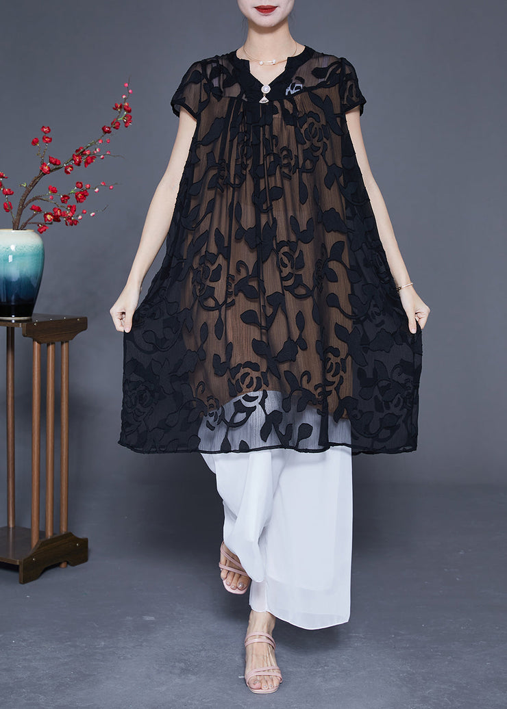 Fashion Black Embroideried Oversized Tulle Dress Summer