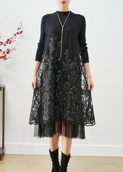 Fashion Black Embroidered Patchwork Knit Dresses Fall