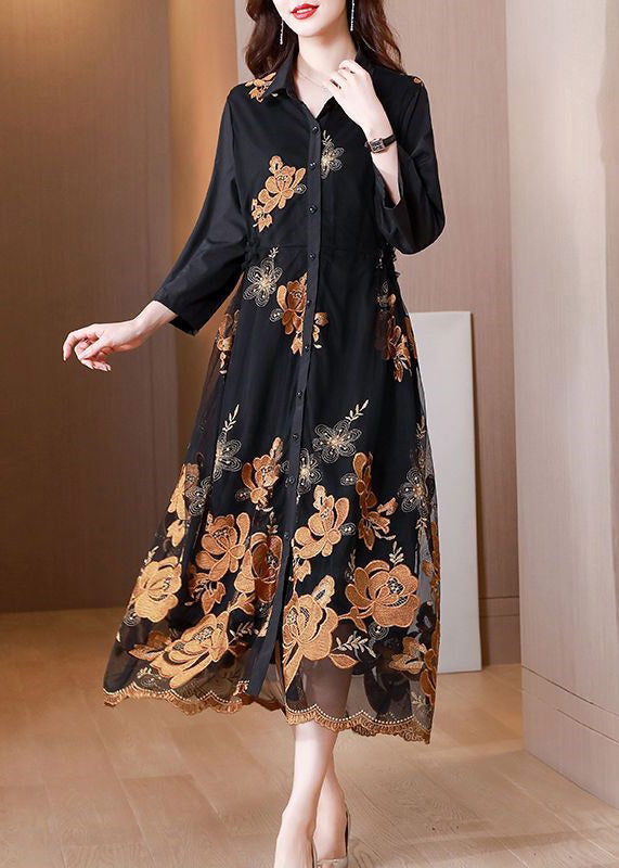 Fashion Black Embroideried Tie Waist Tulle Patchwork Shirts Long Dresses Fall