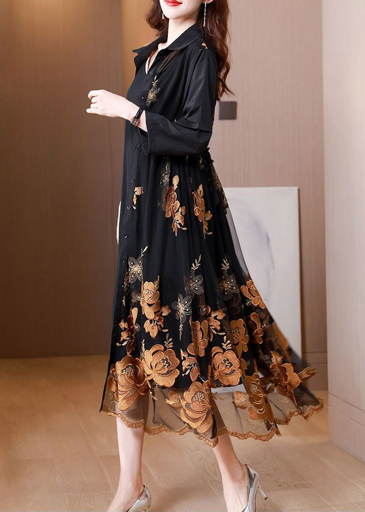 Fashion Black Embroideried Tie Waist Tulle Patchwork Shirts Long Dresses Fall