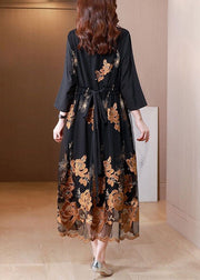 Fashion Black Embroideried Tie Waist Tulle Patchwork Shirts Long Dresses Fall