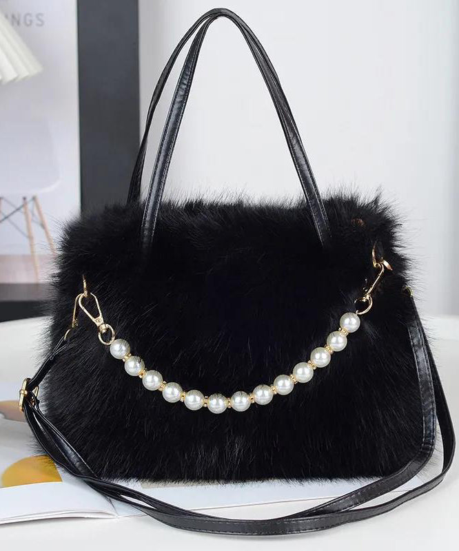 Fashion Black Faux Fur Bead Versatile Tote Handbag