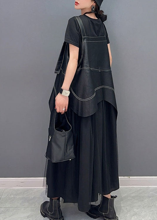 Fashion Black Faux Leather Asymmetrical Patchwork Tulle Dresses Summer