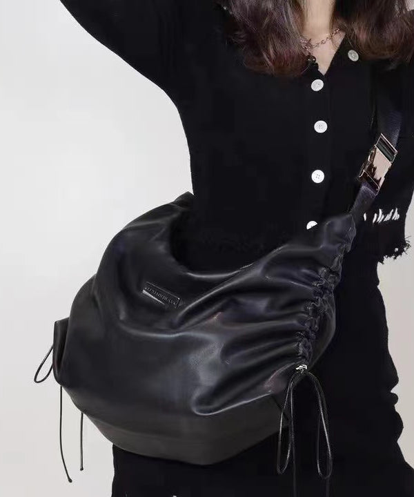 Fashion Black Faux Leather Drawstring Messenger Bag