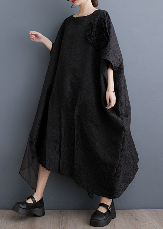 Fashion Black Floral Tulle Patchwork Maxi Asymmetrical Dress Batwing Sleeve