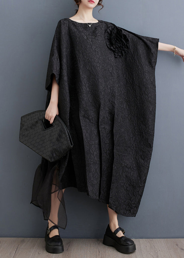 Fashion Black Floral Tulle Patchwork Maxi Asymmetrical Dress Batwing Sleeve
