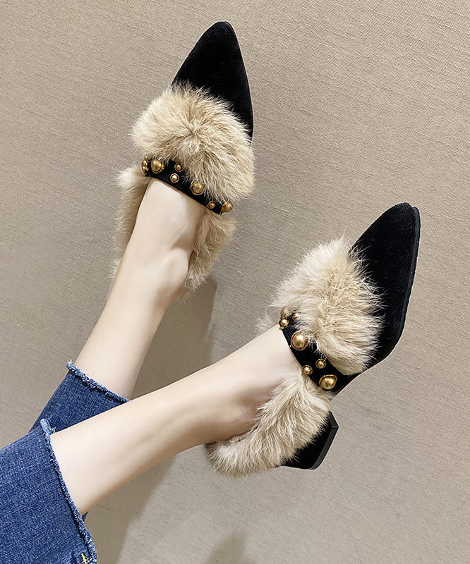 Fashion Black Fuzzy Wool Lined Chunky Suede Rivet Pointed Toe Penny Loafers