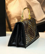 Fashion Black Gold Embossed Calf Leather Tote Handbag