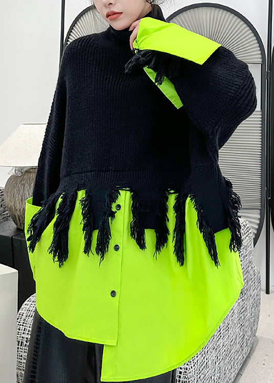 Fashion Black Green Hign Neck Asymmetrical Patchwork Knit Sweaters Spring