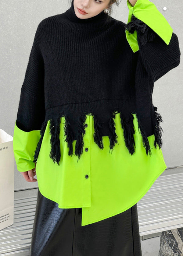 Fashion Black Green Hign Neck Asymmetrical Patchwork Knit Sweaters Spring