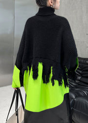 Fashion Black Green Hign Neck Asymmetrical Patchwork Knit Sweaters Fall