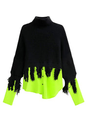 Fashion Black Green Hign Neck Asymmetrical Patchwork Knit Sweaters Fall