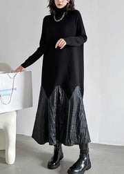 Fashion Black High Neck Patchwork Knit Long Dresses Fall