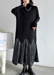 Fashion Black High Neck Patchwork Knit Long Dresses Fall