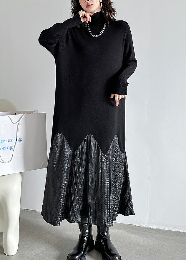 Fashion Black High Neck Patchwork Knit Long Dresses Spring