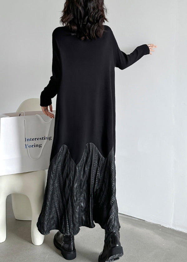 Fashion Black High Neck Patchwork Knit Long Dresses Fall