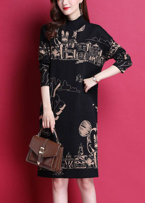 Fashion Black High Neck Print Thick Knit Holiday Dress Long Sleeve