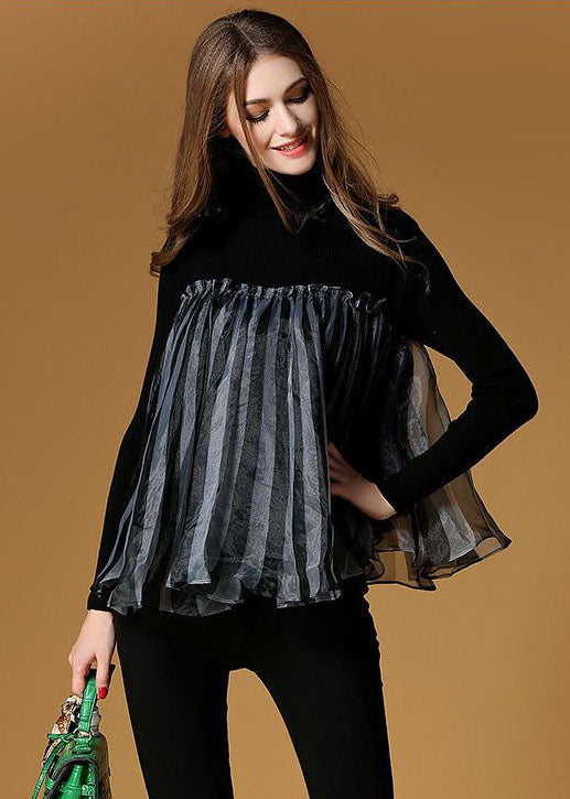 Fashion Black High Neck Tulle Patchwork Striped Knit Sweaters Spring