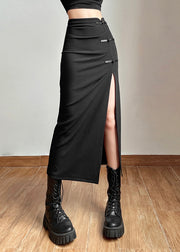 Fashion Black High Waist Side Open Chinese Button Skirt Summer
