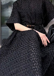 Fashion Black Hign Neck Tie Waist Cotton Dresses Spring