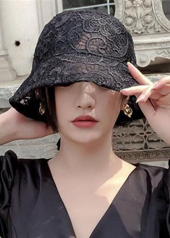 Fashion Black Hollow Out Floral Lace Bucket Hat