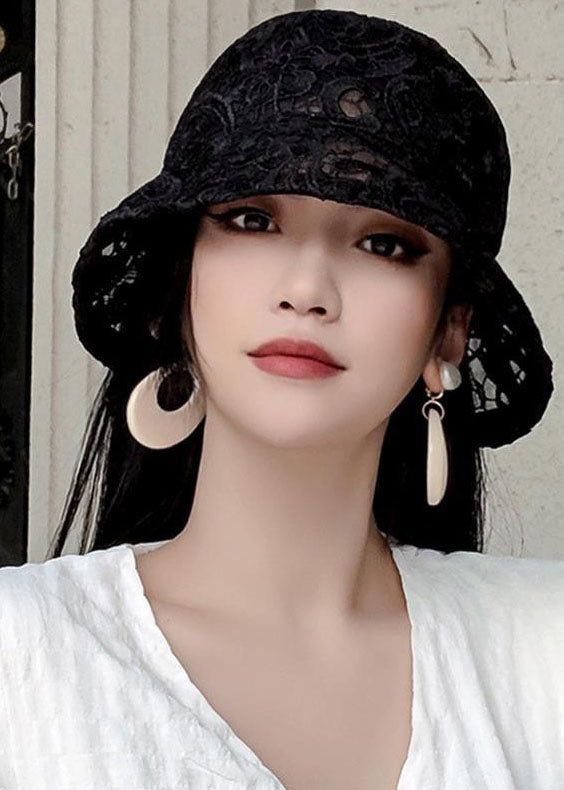 Fashion Black Hollow Out Floral Lace Bucket Hat