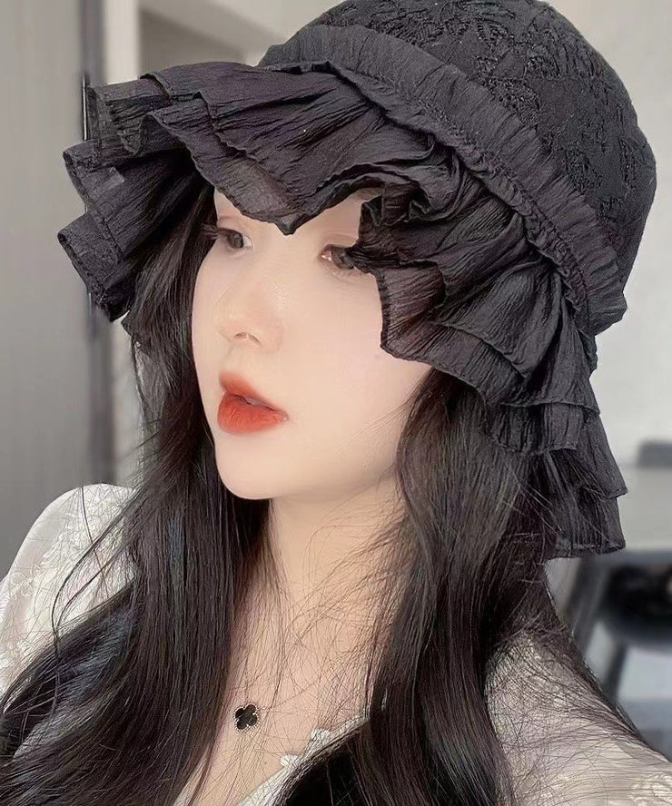 Fashion Black Hollow Out Lace Ruffles Bucket Hat