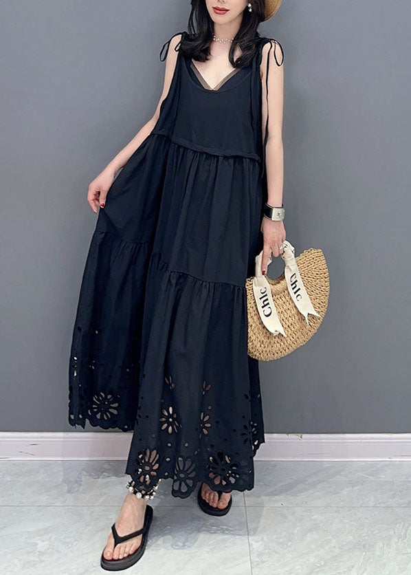 Fashion Black Hollow Out Lace Up Patchwork Cotton Dresses Sleeveless