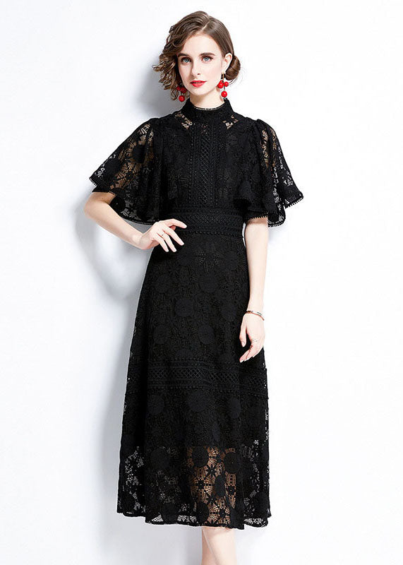 Fashion Black Hollow Out Patchwork Lace Dress Butterfly Sleeve