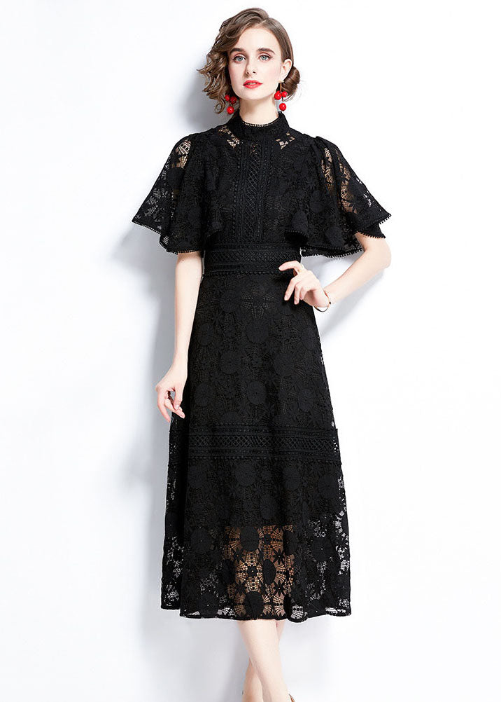 Fashion Black Hollow Out Patchwork Lace Dress Butterfly Sleeve