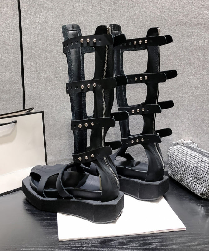 Fashion Black Hollow Out Rivet Zippered Splicing Platform Boots