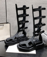Fashion Black Hollow Out Rivet Zippered Splicing Platform Boots
