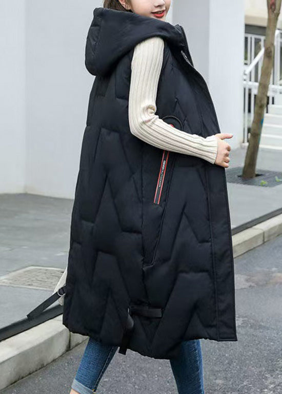 Fashion Black Hooded Patchwork Long Duck Down Vest Sleeveless