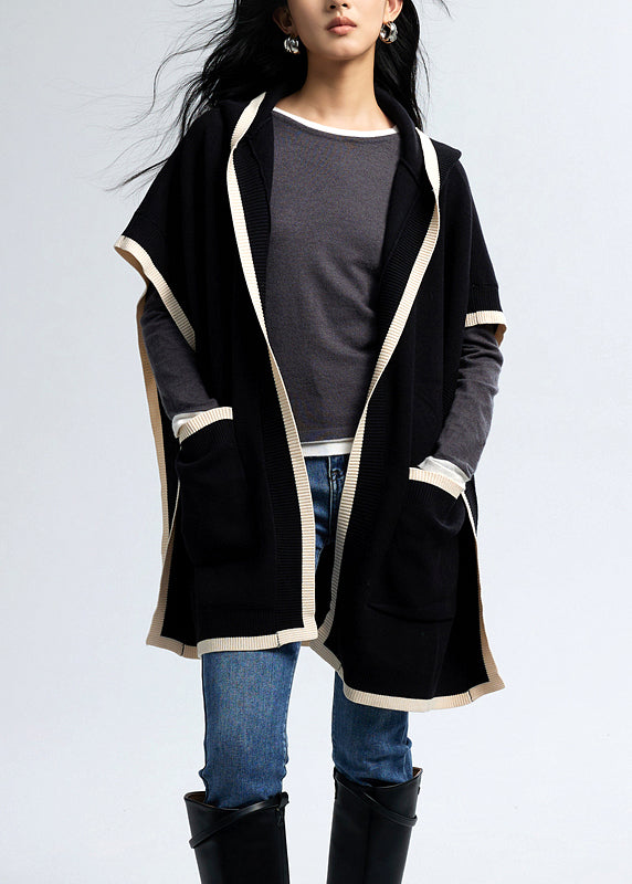 Fashion Black Hooded Pockets Knit Loose Cardigan Fall