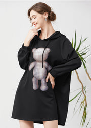 Fashion Black Hooded Print Cotton Sweatshirts Dress Spring