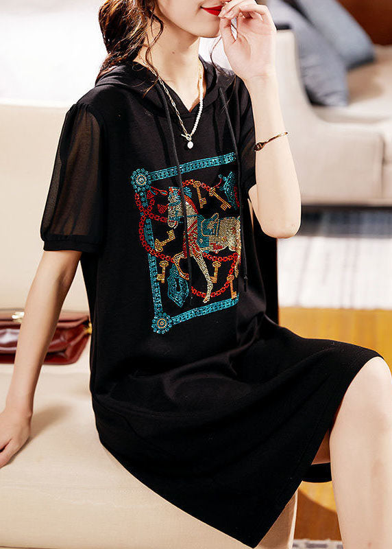 Fashion Black Hooded Zircon Patchwork Cotton Dress Summer