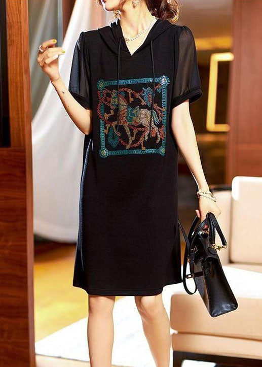 Fashion Black Hooded Zircon Patchwork Cotton Dress Summer