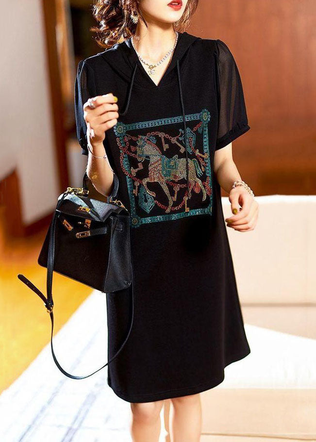 Fashion Black Hooded Zircon Patchwork Cotton Dress Summer