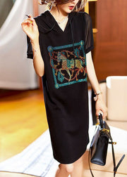 Fashion Black Hooded Zircon Patchwork Cotton Dress Summer