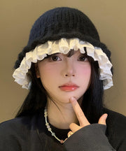 Fashion Black Lace Patchwork Knit Bucket Hat