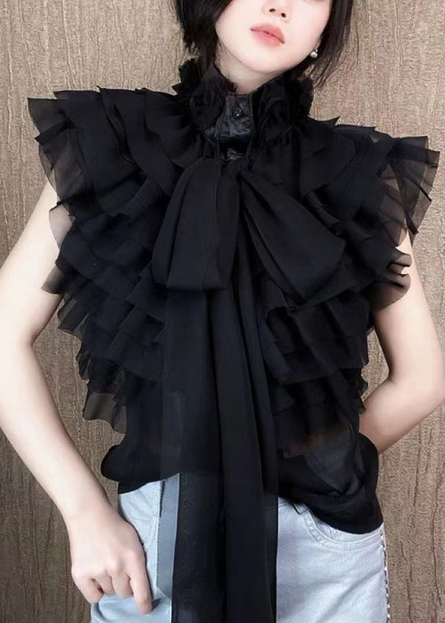 Fashion Black Layered Ruffled Stand Collar Bow Shirts Summer