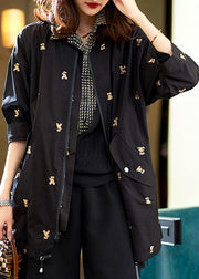 Fashion Black Little Bear Embroidered Zippered Cotton Coat Long Sleeve