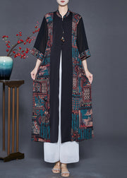 Fashion Black Mandarin Collar Patchwork Print Silk Cardigans Spring