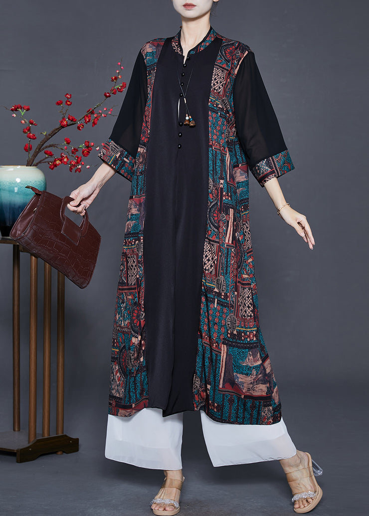 Fashion Black Mandarin Collar Patchwork Print Silk Cardigans Spring