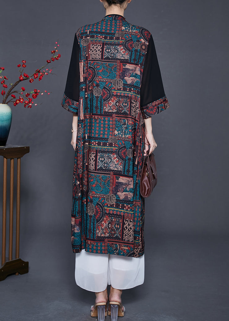 Fashion Black Mandarin Collar Patchwork Print Silk Cardigans Spring